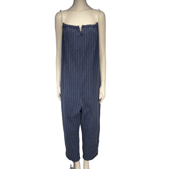 COTTON Sailor Oversized Straight Navy Blue White Striped Ropes Jumpsuit sz S / M - Picture 1 of 5